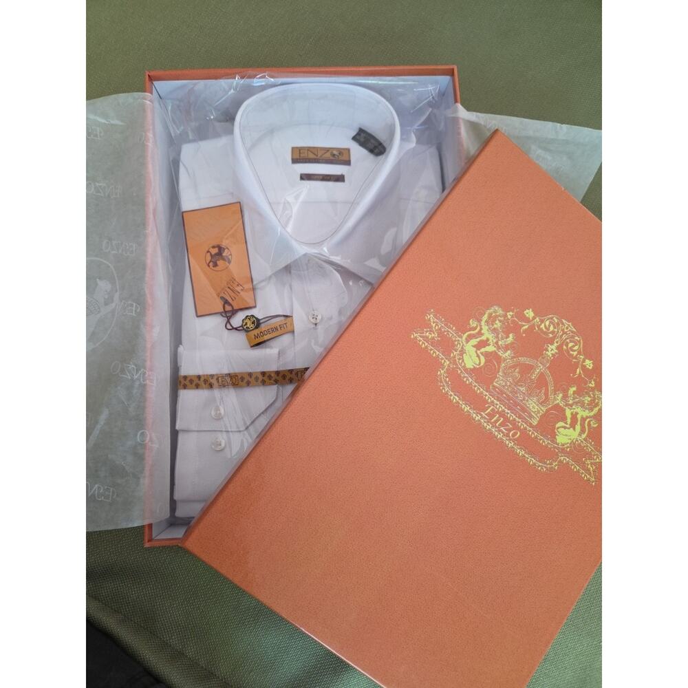 ENZO Italy Men's Dress Shirt White Pique FRENCH Cuff Sleeves Modern Feet